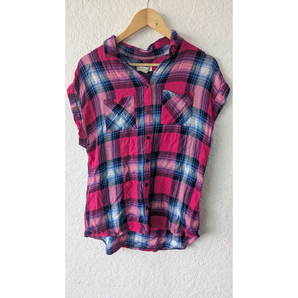 BeachLunchLounge Plaid Sleeveless Top Button‎ Down Casual Shirt S